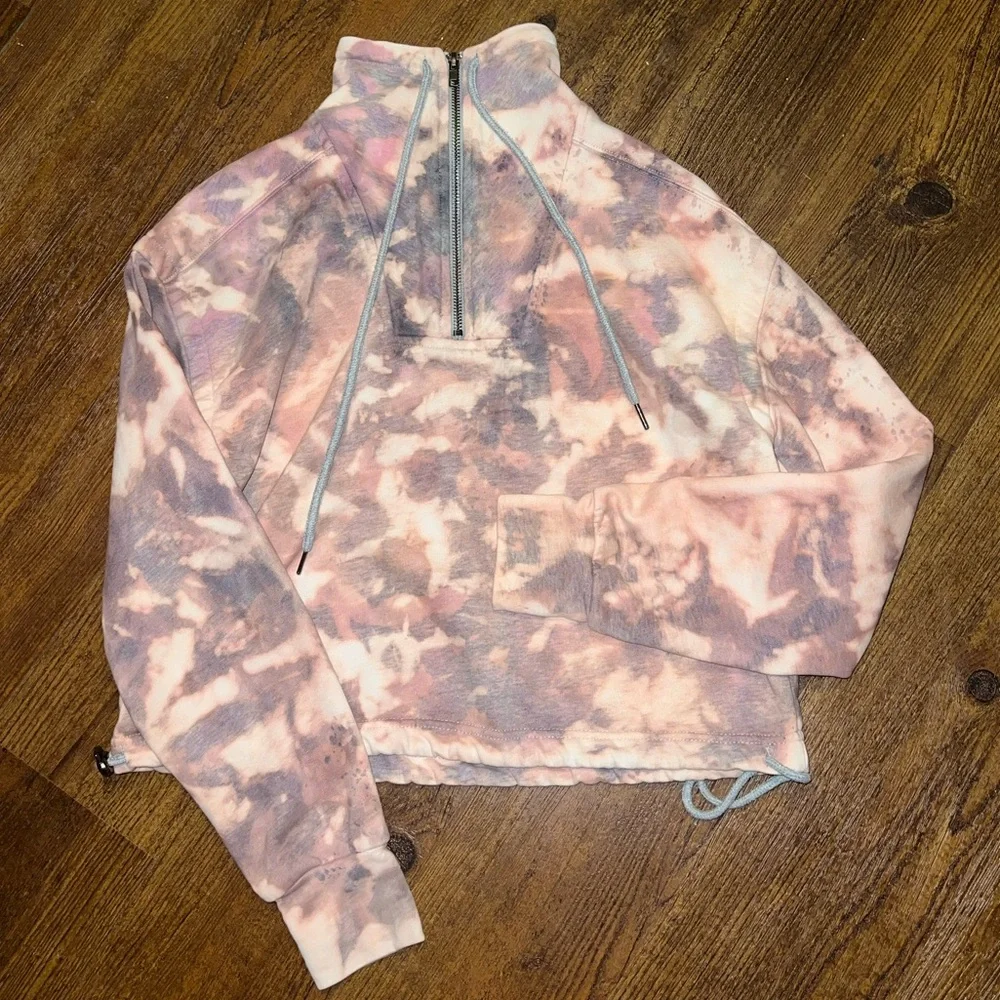 Gray Pink Colorful Acid Wash Quarter Zip Crop Long Sleeve Boho Pullover Size M - Picture 3 of 13